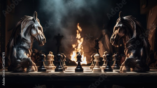Illustration of a chess game with horses facing each other with dark background.