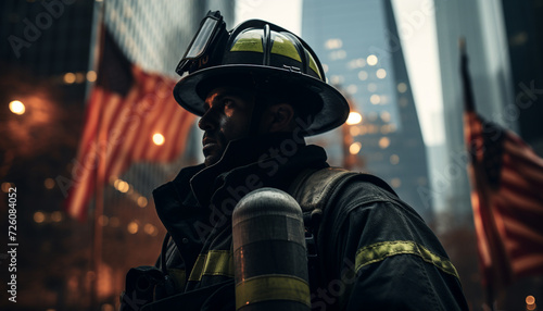 One firefighter standing outdoors, protecting city from burning building generated by AI