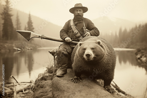 Vintage photo from the late 1800's of a Klondike gold prospector with his trusty guard beaver