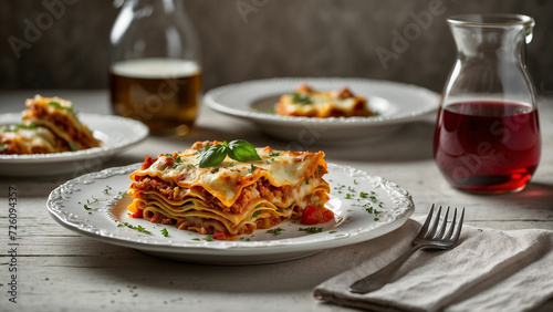 Picture a scene where a steaming slice of vegetable lasagna is presented on a traditional plate set against a white wooden table