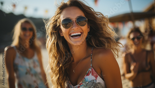 Young women enjoying a carefree summer weekend, smiling and laughing generated by AI