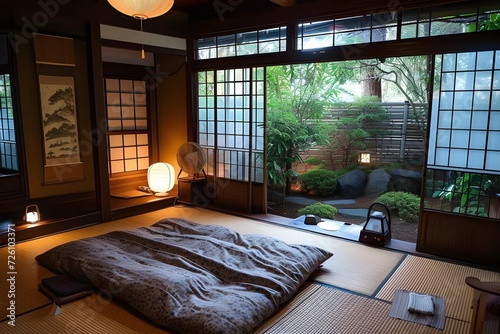 Step into an authentic Japanese-style bedroom adorned with tatami mats, elegant shoji screens, and a comfortable futon bed.