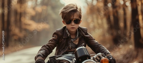 A stylish young boy on a vintage motorcycle with sunglasses, cruising through the woods.