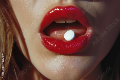 close-up photo of a woman's mouth, her mouth is wide open, on her tongue there is a pill