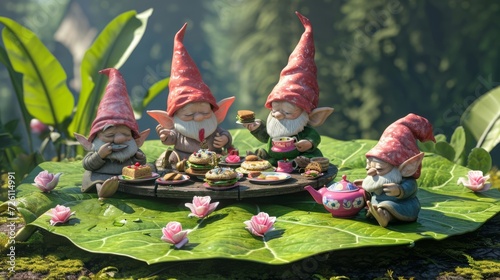 Cartoon scene of Lilliputian Garden Picnic A family of gnomes enjoy a delightful afternoon tea party complete with dainty sandwiches and a pink rose tea set all