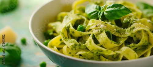 Selective focus on spinach and green pea pesto accompanies tagliatelle pasta.