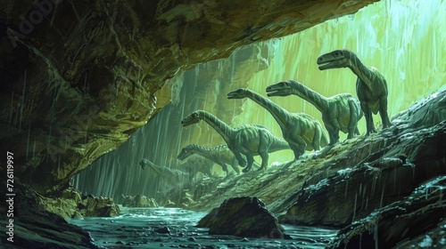 A group of hadrosaurs taking shelter from a storm in a deep cavernous cave system.