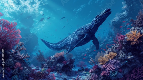 A sea of prehistoric life surrounding a solitary mosasaur its watchful eye surveying the bustling reef as it takes a moment to rest on a large coral head.