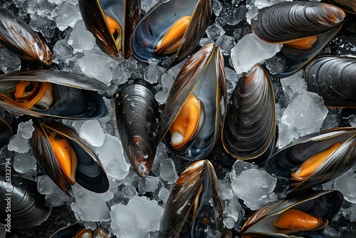 Fresh mussels on crushed ice, perfect for seafood culinary concepts and fresh produce themes background