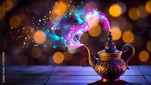 A mystical genie lamp on a wooden surface emitting colorful, magical smoke against a bokeh background.