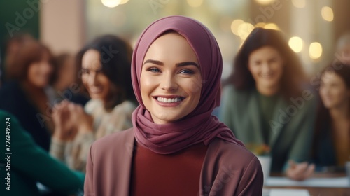Cheerful Muslim woman in a hijab enjoying a social event with blurred friends.