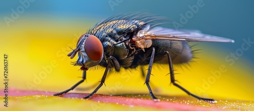 House fly scientific name: Musca domestica Linnaeus, in a closeup view.