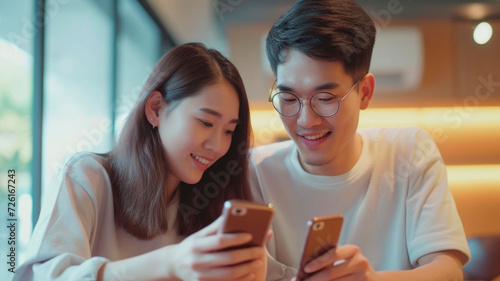 Asian guy and girl, showing each other funny videos on smartphones. illustration of spending leisure time together, having fun with smartphones. Generative AI