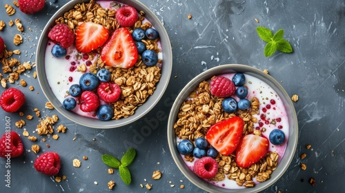 Two bowls of granola with fruits, Greek yogurt and berries top view.