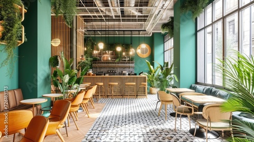 Green interior in Madrid coworking, eco-friendly dining room in a modern office