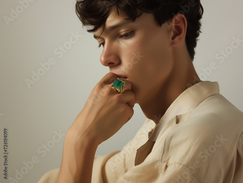 Fashionable portrait of a young man in a beige coat. Studio shot. in the style of gold and light emerald jewelry. Fashion magazine photo shoots. 