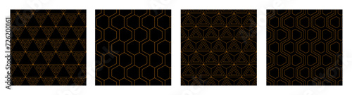 Set of four abstract vector patterns. Geometric shapes thin lines backgrounds. Stylish geometric patterns with triangles, hexagonal shapes. Orange color patterns isolated on black backgrounds.
