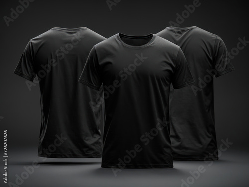 set of three black ghosted tee t shirt round neck black background,. Generative AI