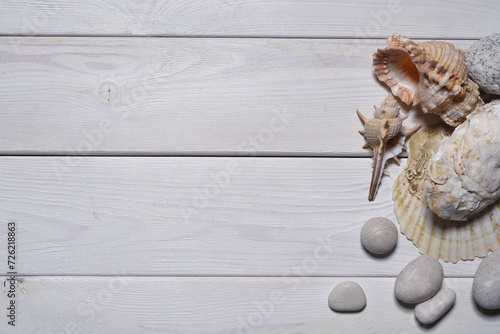 Seashells and pebble stones on the white wooden desk table background top view. Sea travel flat lay concept background with copy space.