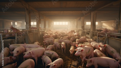 A lot of pigs and piglets are eating, standing and lying in a pig farm. Meat industry, pet concepts.
