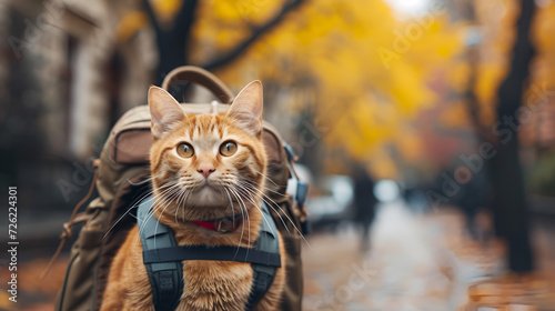 A humorous tourist cat wearing a backpack on its back, copy space, generative ai