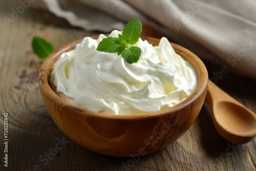 Whipped sour cream or yogurt in a wooden bowl with mint leaves on wooden table