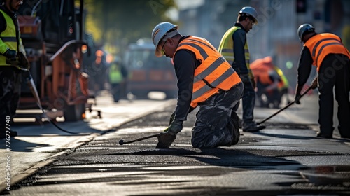 Road construction crew applying yellow and white stripes on new asphalt surface