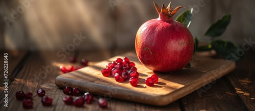 Pomegranate on wooden board with warm light, front view