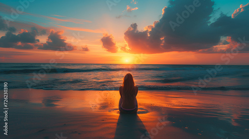 A lone woman enjoys a calm and relaxing ocean sunset on the beach. Great for a wanderlust summer vacation , generative ai