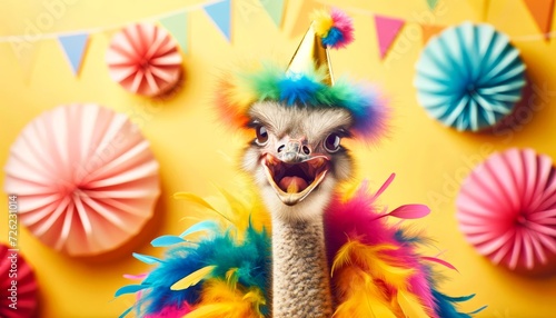 a whimsical ostrich wearing a bright pink party hat adorned with colorful pom-poms