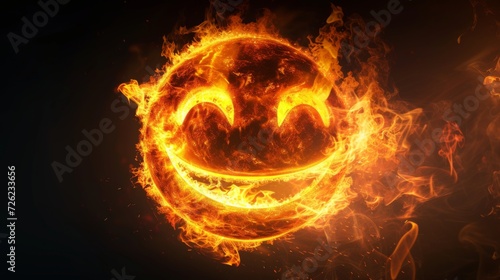 Fire in form of smile emoji. Fire flame on black background