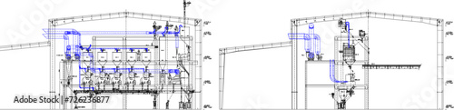 Vector sketch illustration of technical drawing design for erection drawing cross section Grid in factory industry