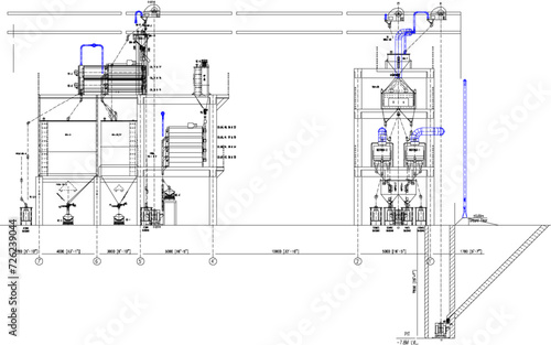 Vector sketch illustration of technical drawing design for erection drawing cross section Grid in factory industry