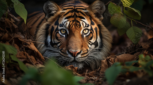 A powerful portrait of a Sumatran tiger moving stealthily through the dense underbrush of the jungle.
