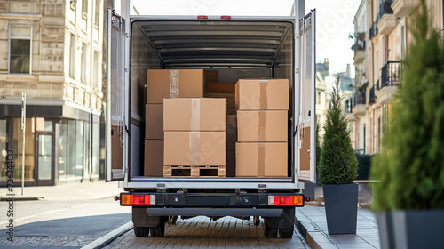 Delivery truck loaded with cardboard boxes.