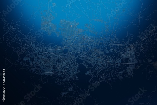 Street map of Kabul (Afghanistan) engraved on blue metal background. View with light coming from top. 3d render, illustration