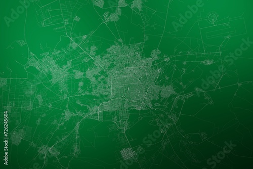 Map of the streets of Isfahan (Iran) made with white lines on abstract green background lit by two lights. Top view. 3d render, illustration