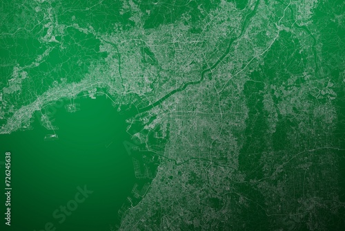 Map of the streets of Osaka (Japan) made with white lines on abstract green background lit by two lights. Top view. 3d render, illustration