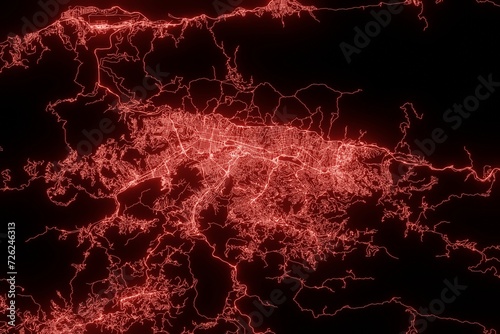 Street map of Caracas (Venezuela) made with red illumination and glow effect. Top view on roads network. 3d render, illustration
