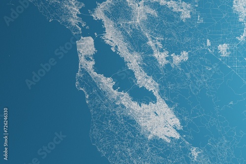 Map of the streets of Bay Area (California, USA) made with white lines on blue paper. Rough background. 3d render, illustration