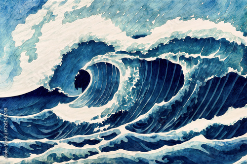 Watercolor like illustration of rolling deep blue ocean waves, gale force wind high surf and white foam.