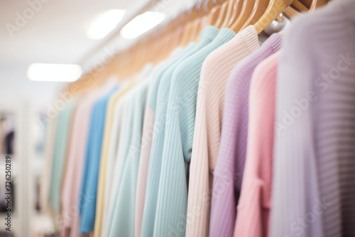 row of pastel crewneck sweaters under soft store lighting
