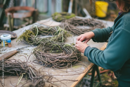 person at a courtyard workbench crafting vine wreaths