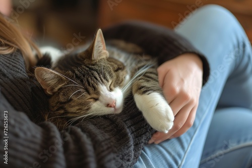 person dozing with a cat curled up on their lap