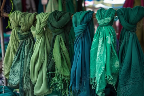 scarves in various shades of green on a portable market stall