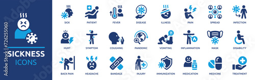 Sickness icon set. Containing disease, fever, patient, sick, illness, infection, symptom, injury, pain and more. Solid vector icons collection.