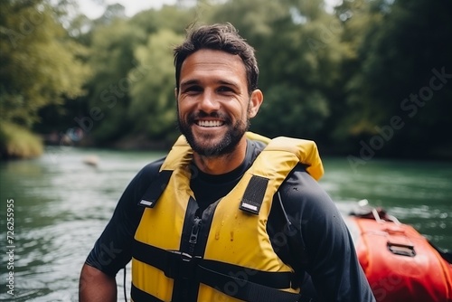 Portrait of a happy young man rafting on the river.