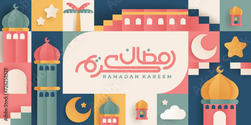 Islamic Ramadan Kareem banner paper cut design and colorful style. Features images of mosques, moons, domes and lanterns. Minimalist illustration.