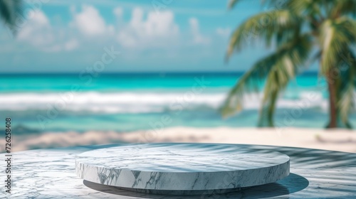 Serene marble podium on sandy tropical beach, sea blur