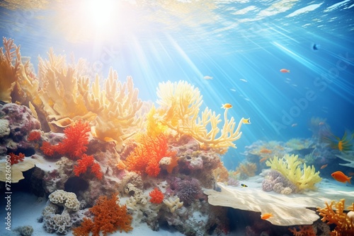 underwater sunbeam illuminating vibrant coral reef